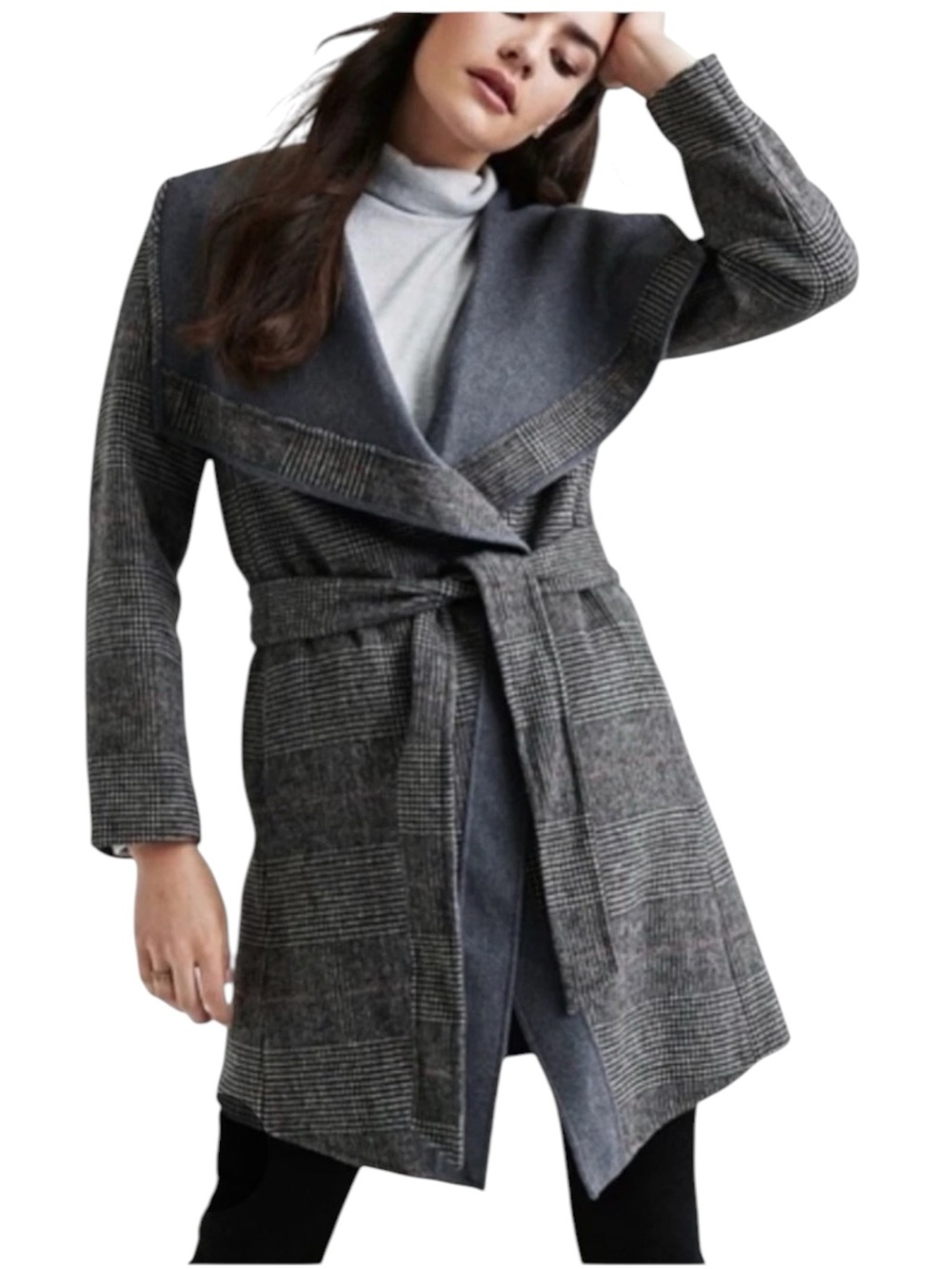 Lucky Brand Plaid Double Face Wrap Jacket grey multi hounds tooth wool blend M